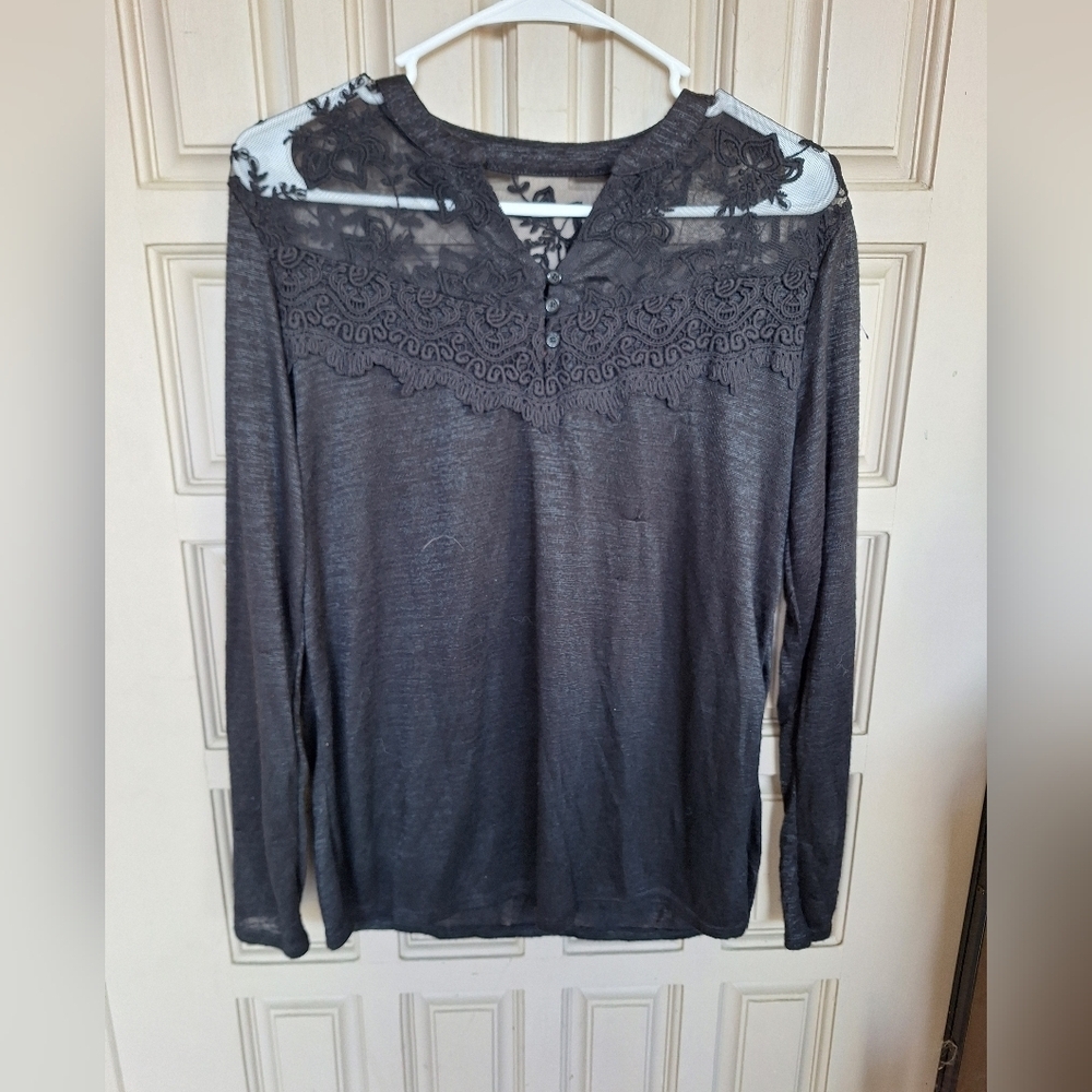 Faded Glory Lace Yoke Sweater Sz12/14 Lt Weight Long Sleeve Pullover Poly/Rayon
